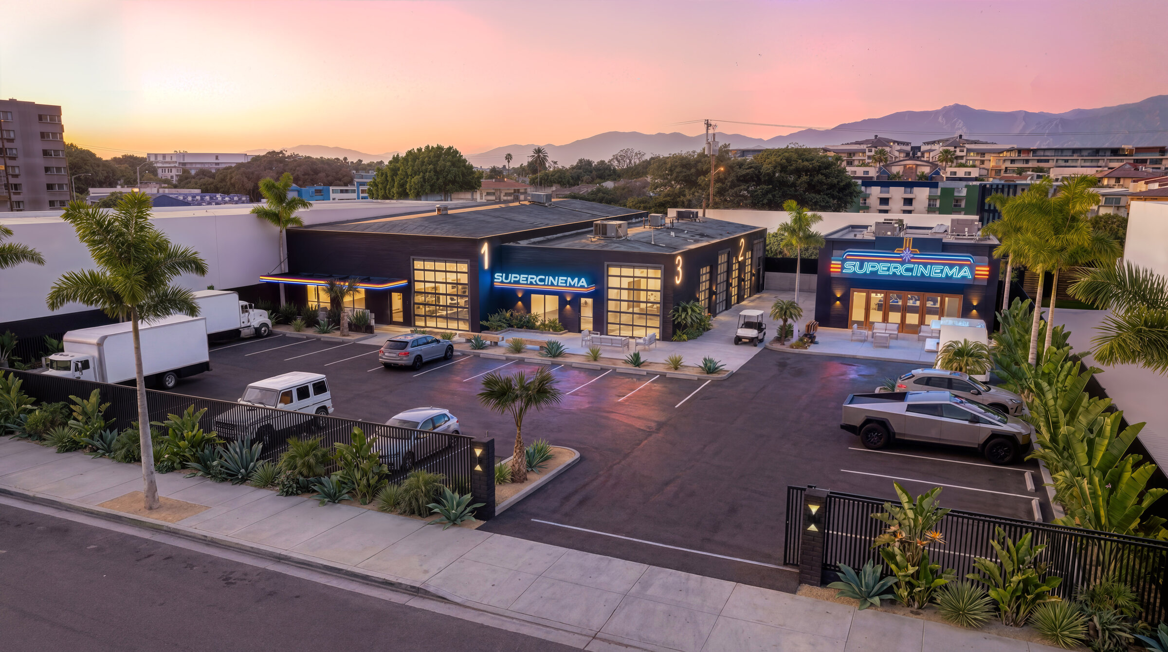 SuperCinema campus, aerial view at magic hour